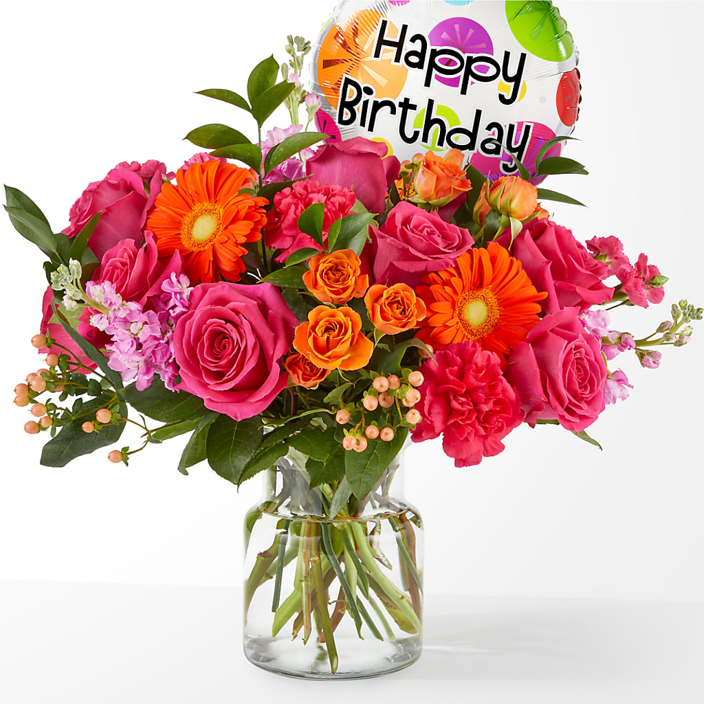 Fiesta Bouquet with Birthday Balloon – TREASURE HUT FLOWERS GIFTS & GHSES, Delavan WI