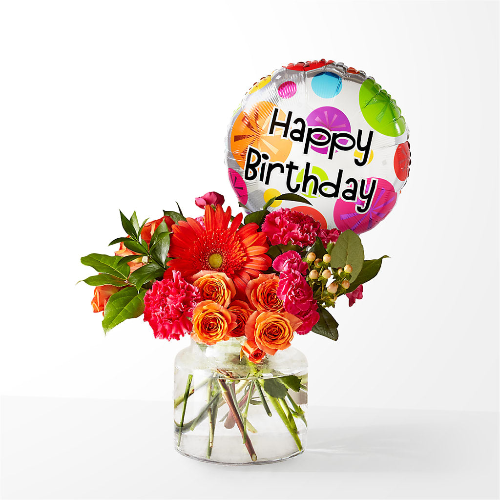 Fiesta Bouquet with Birthday Balloon – TREASURE HUT FLOWERS GIFTS & GHSES, Delavan WI