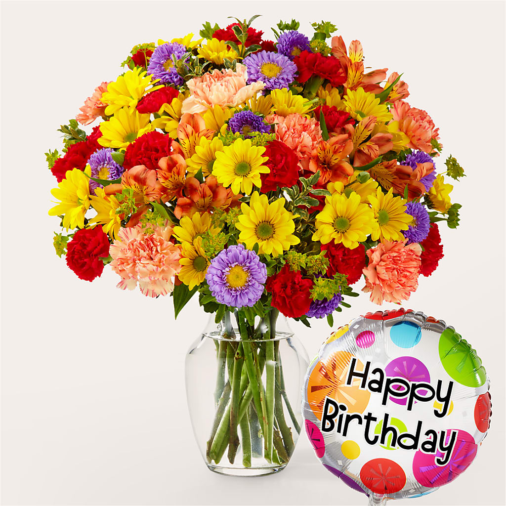 Kaleidoscope Bouquet with Birthday Balloon – TREASURE HUT FLOWERS GIFTS & GHSES, Delavan WI