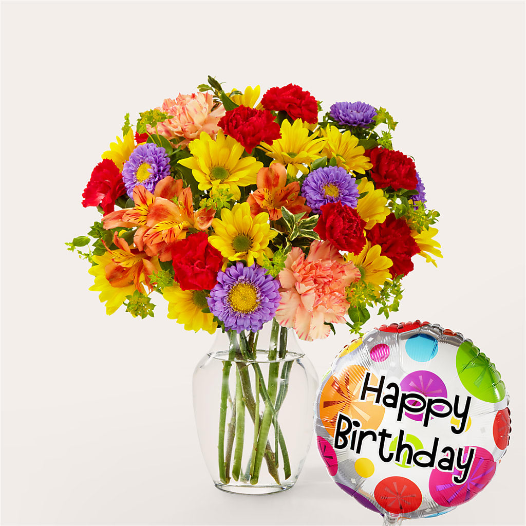Kaleidoscope Bouquet with Birthday Balloon – TREASURE HUT FLOWERS GIFTS & GHSES, Delavan WI