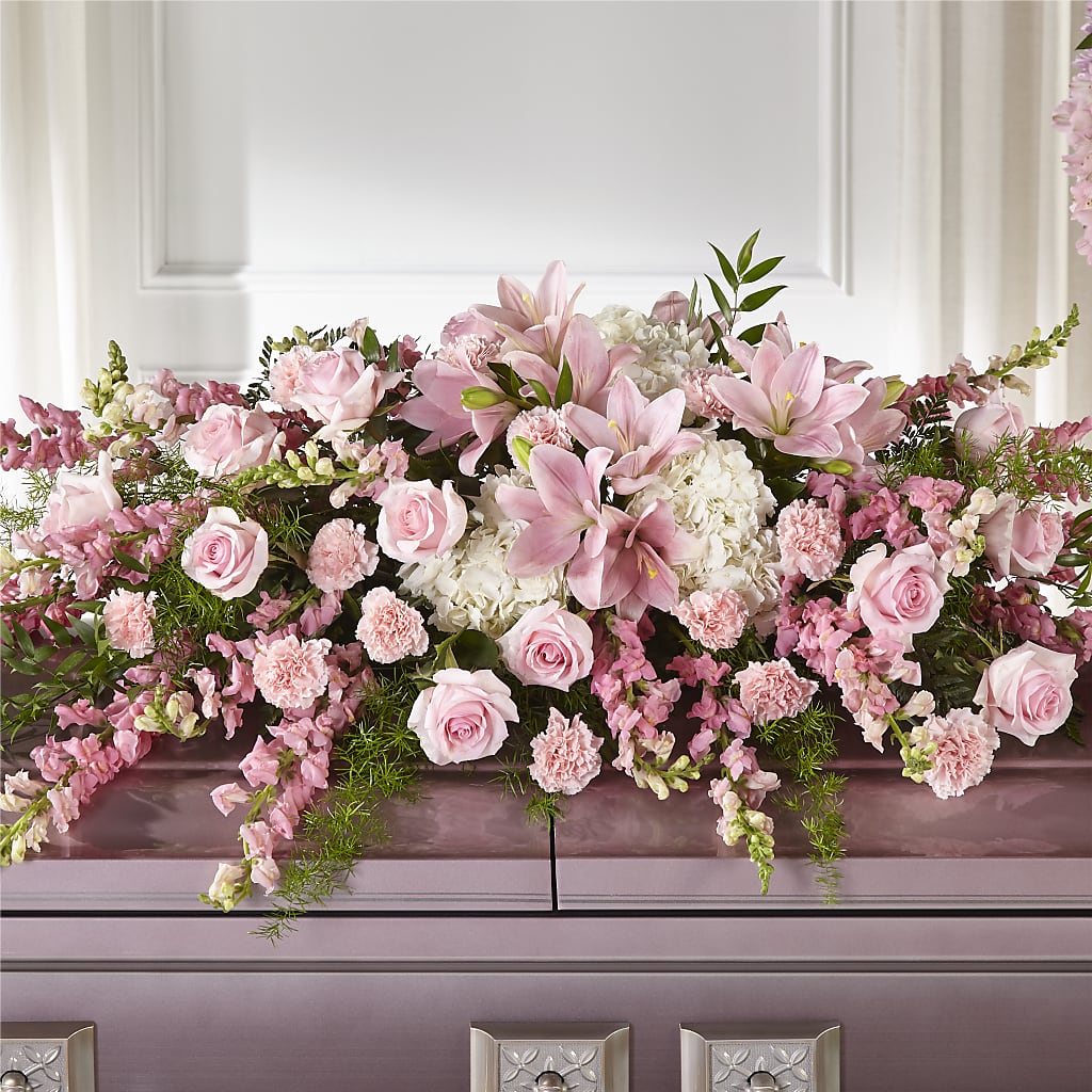Life & Remembrance Casket Spray – TREASURE HUT FLOWERS GIFTS & GHSES, Delavan WI