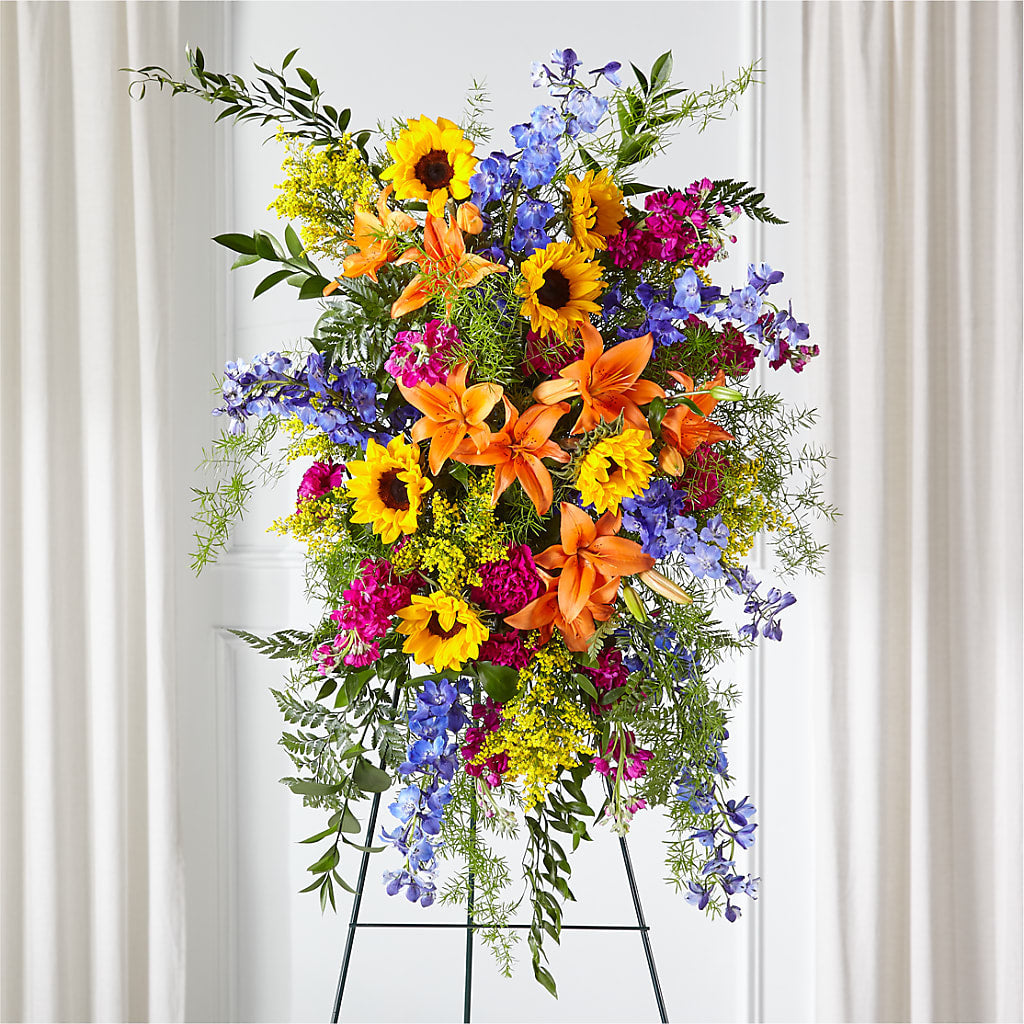 Sunlit Memories Standing Spray (Standard) – TREASURE HUT FLOWERS GIFTS & GHSES, Delavan WI