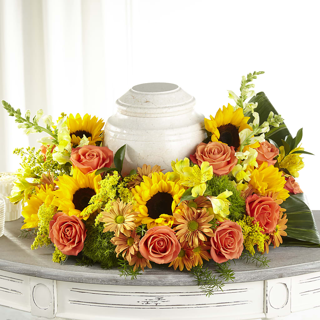 Faithful Sunflower Cremation Adornment – TREASURE HUT FLOWERS GIFTS & GHSES, Delavan WI