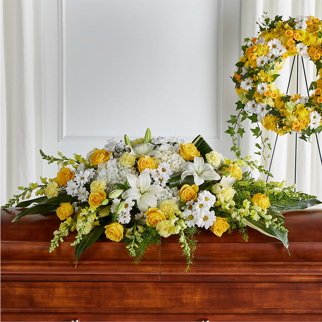 Golden Harmony Casket Spray – TREASURE HUT FLOWERS GIFTS & GHSES, Delavan WI
