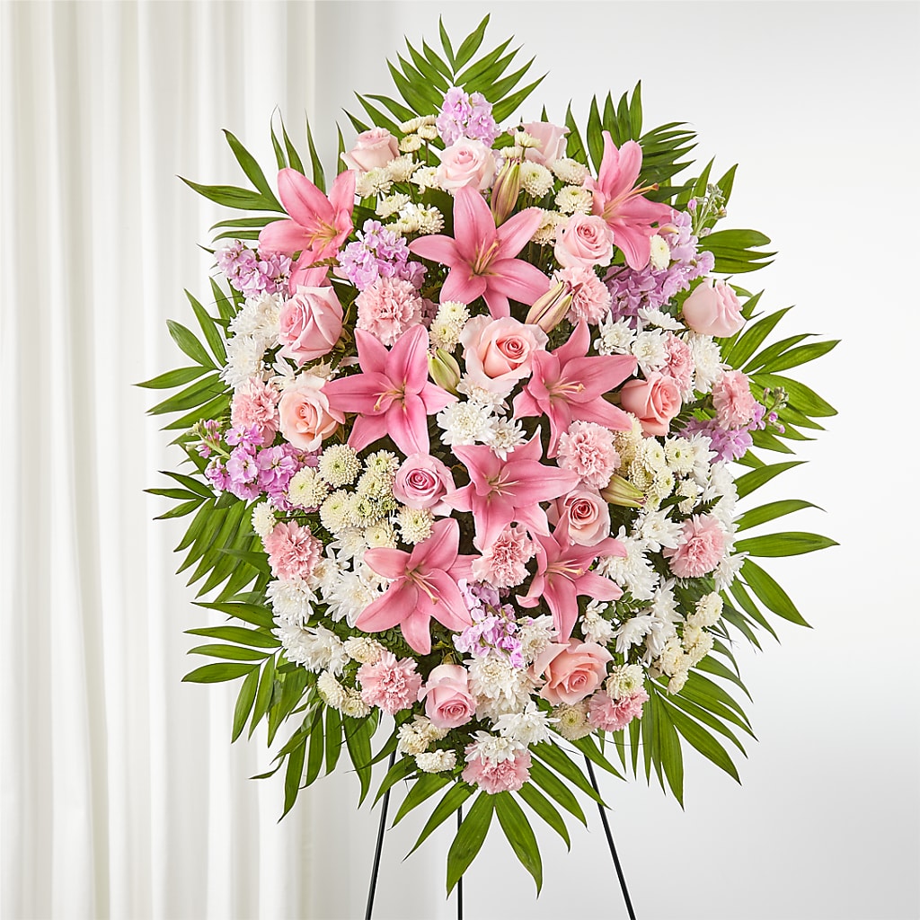 Offering Solace Standing Spray – TREASURE HUT FLOWERS GIFTS & GHSES, Delavan WI