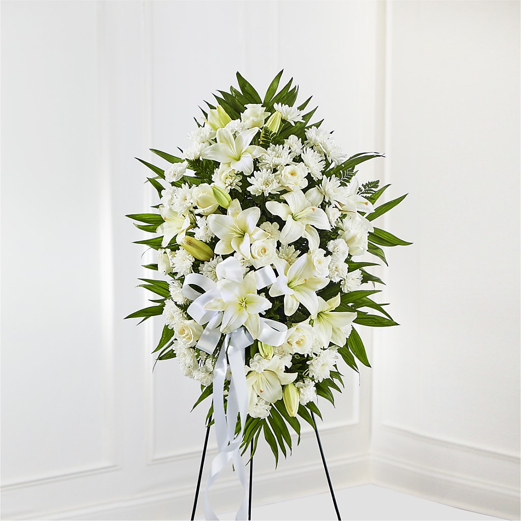 Exquisite Tribute Standing Spray-White Ribbon – TREASURE HUT FLOWERS GIFTS & GHSES, Delavan WI