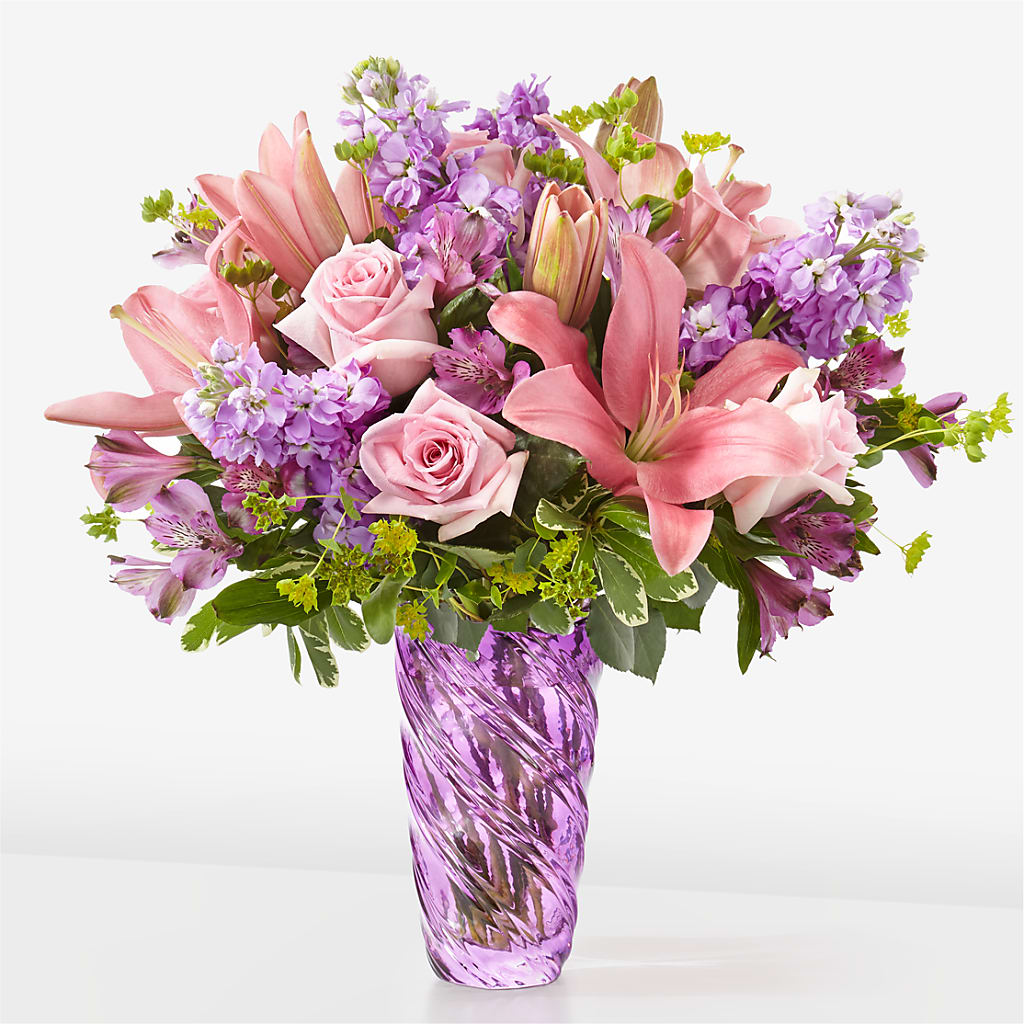 Precious Petals Bouquet with Luxe Swirl Vase – TREASURE HUT FLOWERS GIFTS & GHSES, Delavan WI