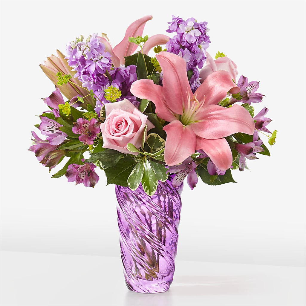 Precious Petals Bouquet with Luxe Swirl Vase – TREASURE HUT FLOWERS GIFTS & GHSES, Delavan WI