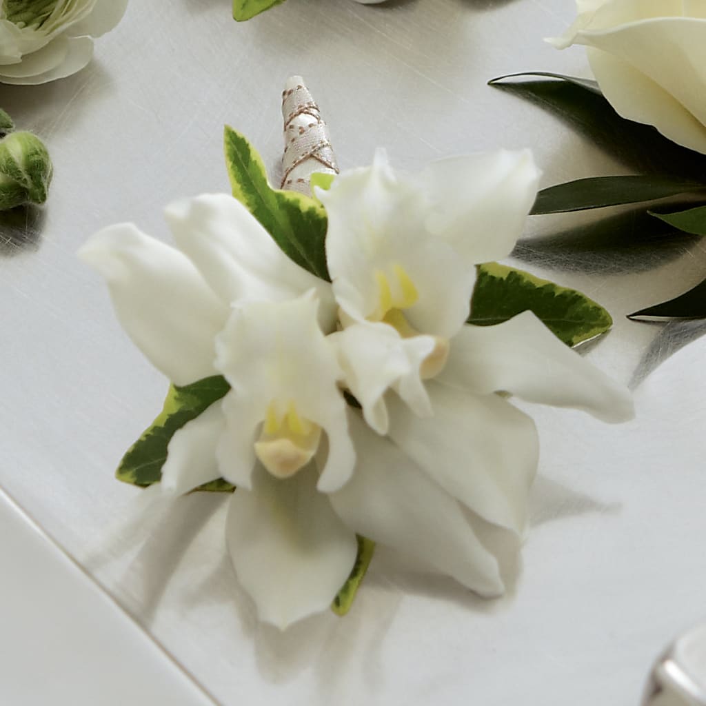 White Mini Cymbidium Boutonniere – TREASURE HUT FLOWERS GIFTS & GHSES, Delavan WI