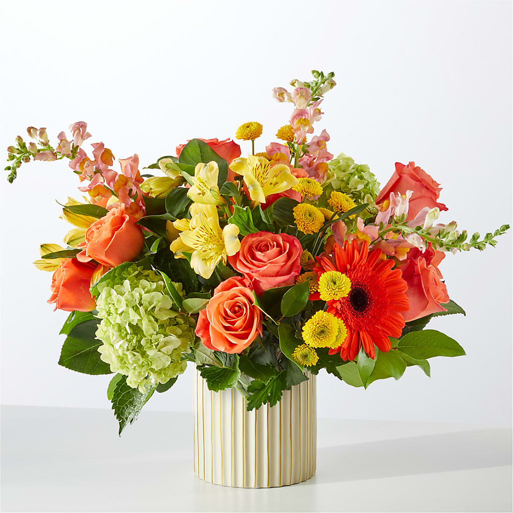 Autumn Sunshine Bouquet with Ivory Vase – TREASURE HUT FLOWERS GIFTS & GHSES, Delavan WI