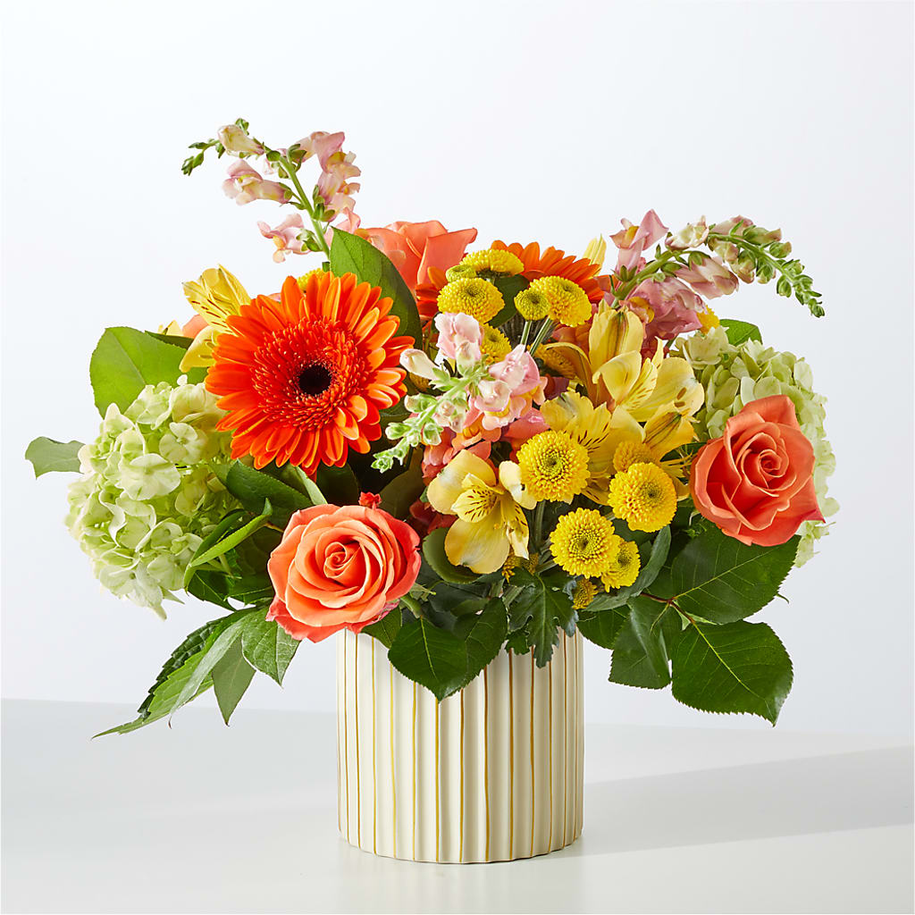 Autumn Sunshine Bouquet with Ivory Vase – TREASURE HUT FLOWERS GIFTS & GHSES, Delavan WI