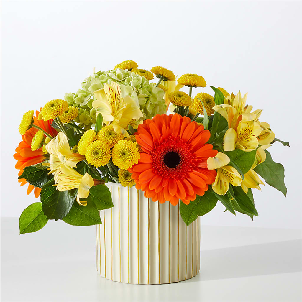 Autumn Sunshine Bouquet with Ivory Vase – TREASURE HUT FLOWERS GIFTS & GHSES, Delavan WI
